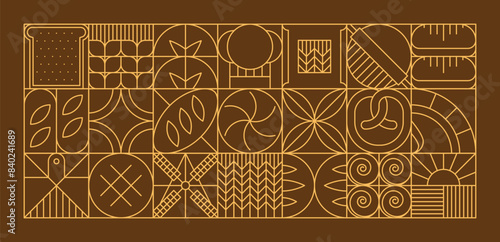 Bread and bakery modern geometric pattern. Abstract vector brown background with outline toast, bun, pretzel and loaf, cereal or wheat ears, sun, windmill and chef toque inside of square mosaic blocks