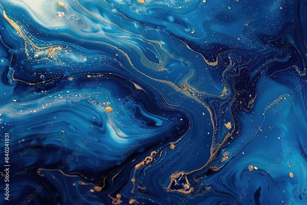A close-up view of a blue and gold fluid painting, featuring intricate details and swirling patterns A close-up view of a blue and gold fluid painting, featuring intricate details and swirling patterns
