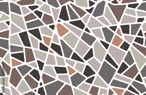 Mosaic pebble stone floor tile seamless pattern. Rock pavement vector background with gravel, cobblestone and pebble texture. Brown gray stone floor and wall tile, road and sidewalk geometric pattern
