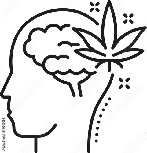 Cannabis and mental health line icon for medical marijuana or CBD weed extract, vector symbol. Pharmaceutical marijuana or cannabis sativa and brain head line icon for CBD treatment in health therapy