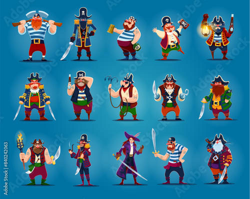 Cartoon pirate and corsair characters. Captain and sailor, boatswain and skipper filibusters vector personages. Funny men and girl pirates with swords, guns and hooks, black hats, eye patches and rum