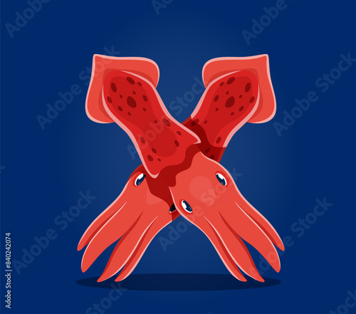 Sea animals in underwater font, letter X of funny cartoon squids, vector undersea alphabet. Sea animals font or ocean ABC typeface with cartoon characters of squids in letter X for underwater type