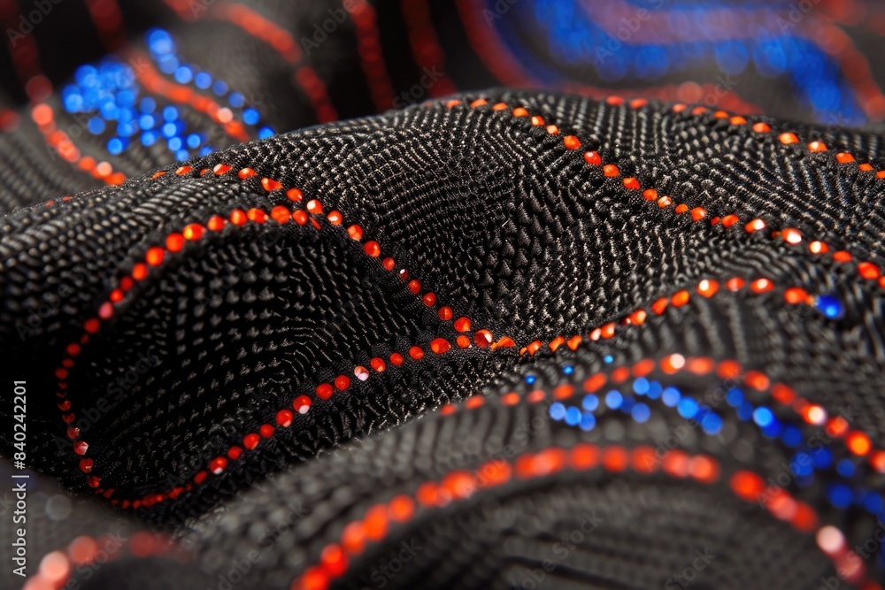 A detailed view of a black and red tie with distinctive patterns and colors A detailed view of a black and red tie with distinctive patterns and colors