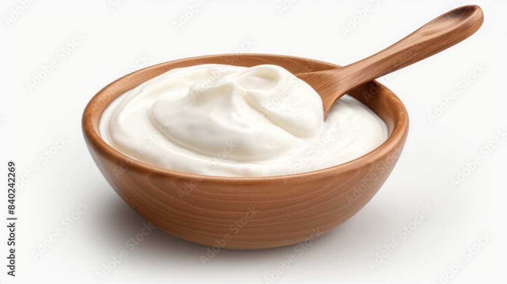 A bowl of creamy yogurt with a spoon placed inside, perfect for breakfast or snack A bowl of creamy yogurt with a spoon placed inside, perfect for breakfast or snack