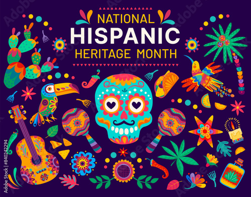 National Hispanic heritage month banner with skull, guitar and maracas, vector ornament pattern. Latin America Hispanic heritage festival background with pinata, cactus, toucan and tequila pattern
