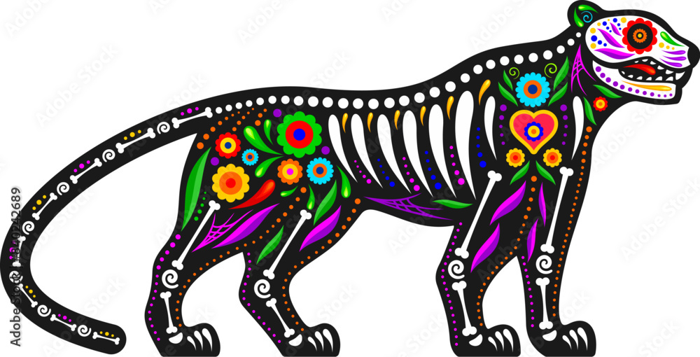 Mexican day of the dead jaguar animal sugar skull tattoo. Isolated vector animal skeleton figure with bones and patterns, melds ancestral reverence with wild spirit of jungle in a celebratory fusion. Mexican day of the dead jaguar animal sugar skull tattoo. Isolated vector animal skeleton figure with bones and patterns, melds ancestral reverence with wild spirit of jungle in a celebratory fusion.