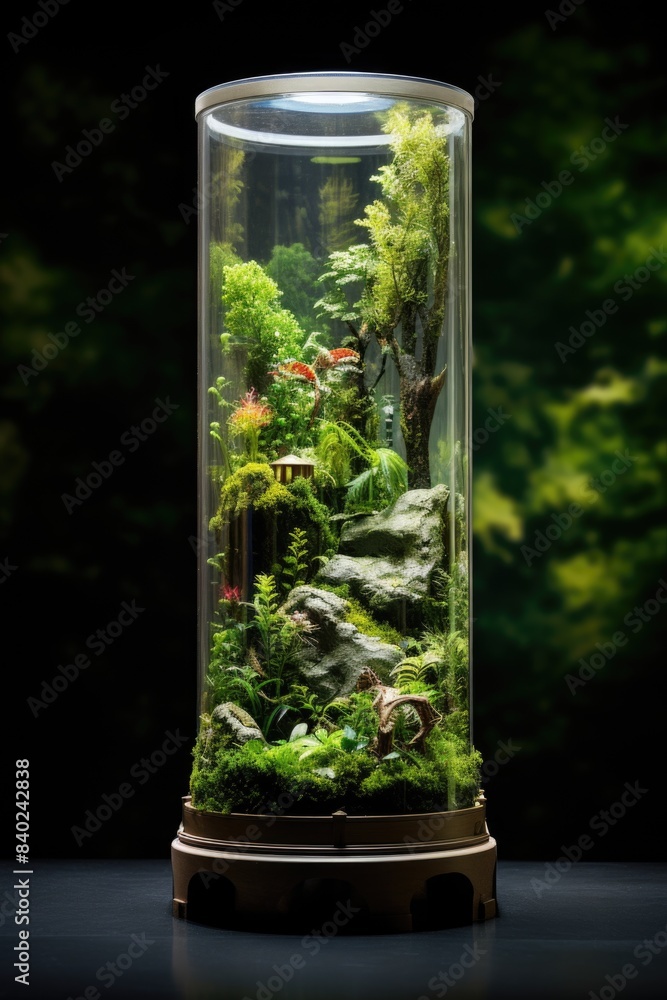 A clear glass jar containing various plants and decorative rocks A clear glass jar containing various plants and decorative rocks