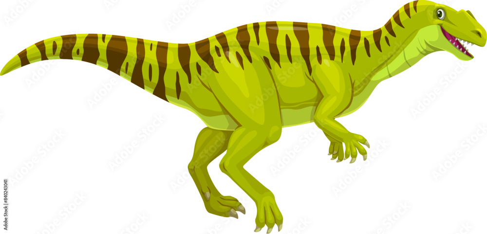 Fototapeta premium Neovenator prehistoric dinosaur. Isolated cartoon vector ancient reptile animal with green skin, dark stripes, streamlined body, sharp claws and friendly facial expression. Predatory jurassic creature