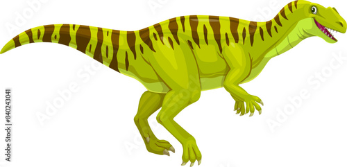 Neovenator prehistoric dinosaur. Isolated cartoon vector ancient reptile animal with green skin, dark stripes, streamlined body, sharp claws and friendly facial expression. Predatory jurassic creature