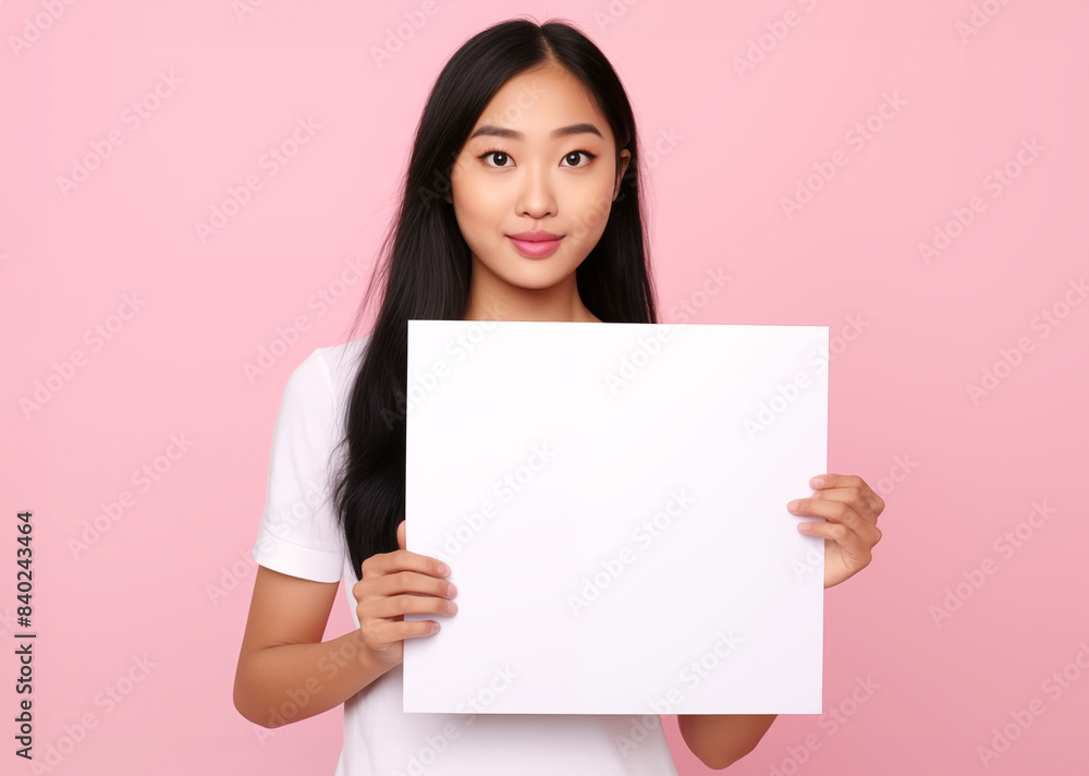 Asian woman holding a blank white sign on pink background Asian woman holding a blank white sign on pink background