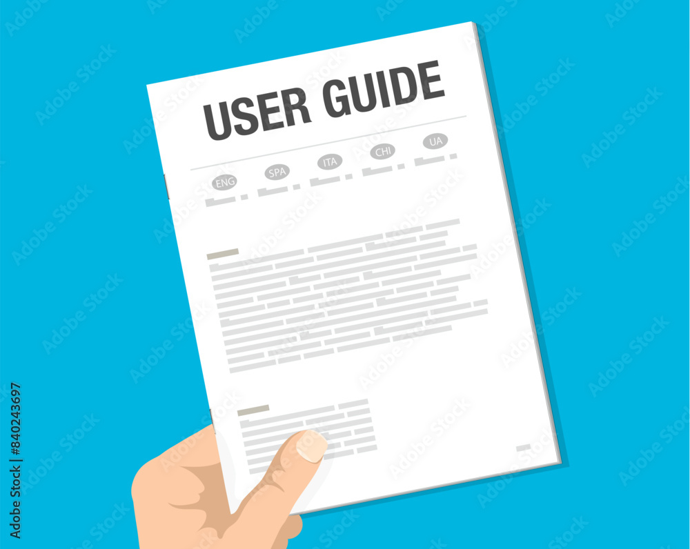 User guide, guidebook. Vector hand holding a paper with multilingual tabs top view. Manual document for clients support with English, Spanish, Italian, Chinese, Ukrainian multi-language instructions User guide, guidebook. Vector hand holding a paper with multilingual tabs top view. Manual document for clients support with English, Spanish, Italian, Chinese, Ukrainian multi-language instructions