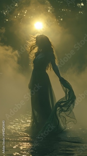 Silhouette of a woman in long dress walking on the water and fog around