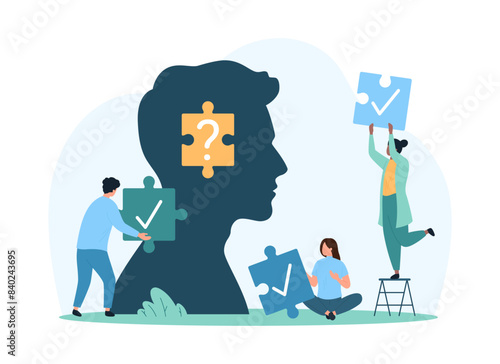 Creative idea to solve problem, question answer choice and options. Tiny people holding puzzle pieces with checkmarks, silhouette of human head with question inside cartoon vector illustration