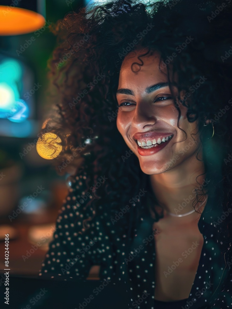 A woman with curly hair smiling directly at the camera A woman with curly hair smiling directly at the camera