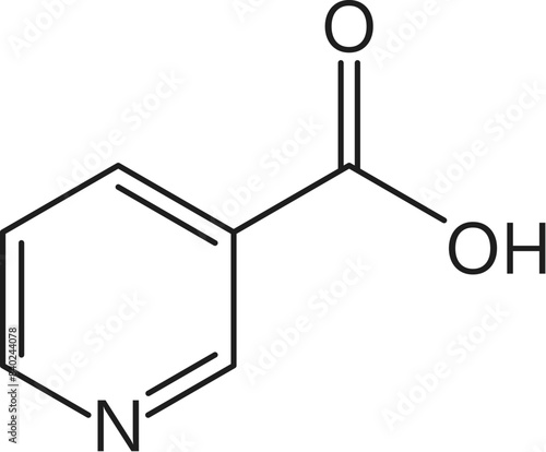 Vitamin b3 or niacin molecular formula c6h5no2. Its structure consists of pyridine ring and a carboxamide group, essential for various metabolic processes in the body. Vector education chemical scheme