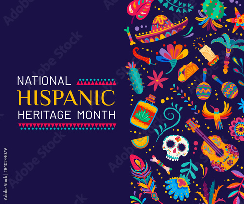 National hispanic heritage month festival banner with vector border of tropical flowers, guitar and maracas, sombrero, tequila, skull and cactus. Mexican and hispanic culture carnival invitation flyer