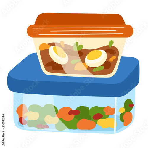 Food in lunch boxes with lids. Healthy dishes, meals and snacks packed in lunchbox containers and bags. Soup, vegetables, vegetarian eating. Flat vector illustration isolated on white