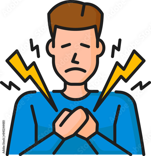 Hematology, anemia disease chest pain symptom color line icon. Hematology medicine symptom, cardiology disease or anemia thin line vector pictogram with man suffering from pain