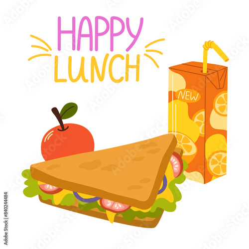 School lunch. Various food, sandwich, juice and apple. Hand drawn Vector illustration. Isolated elements, design templates. Healthy food concept © PawLoveArt