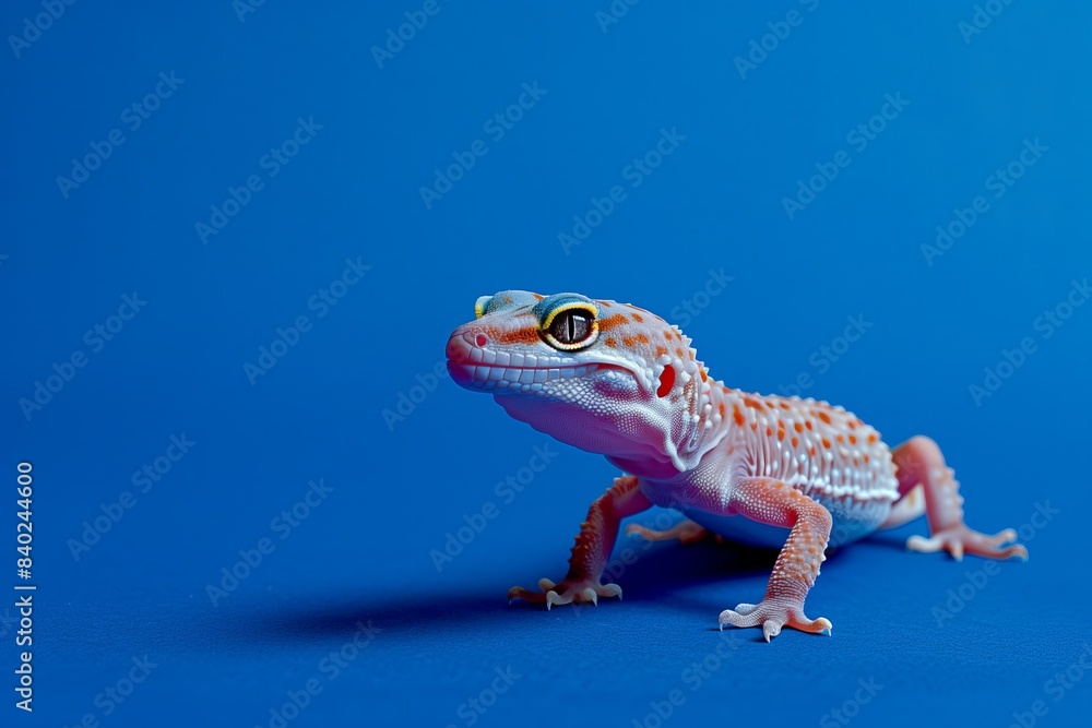 small, spotted leopard gecko in a calm mood on a rich royal blue solid color background small, spotted leopard gecko in a calm mood on a rich royal blue solid color background