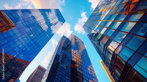 A low angle view of tall  modern skyscrapers reflecting the blue sky and clouds.