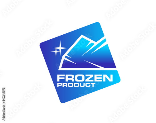 Frozen product icon of blue ice crystal and snowflakes. Keep frozen food and cold drink packaging label of ice crystal block or glacier with shining snow and frost. Blue square tag for frozen product