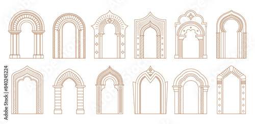 Arch door frames and entrance doorways or gateway in architectural drawing, vector icons. Cartoon, ancient classic or modern architecture arch doors with arcs of temple, palace or mosque doorways