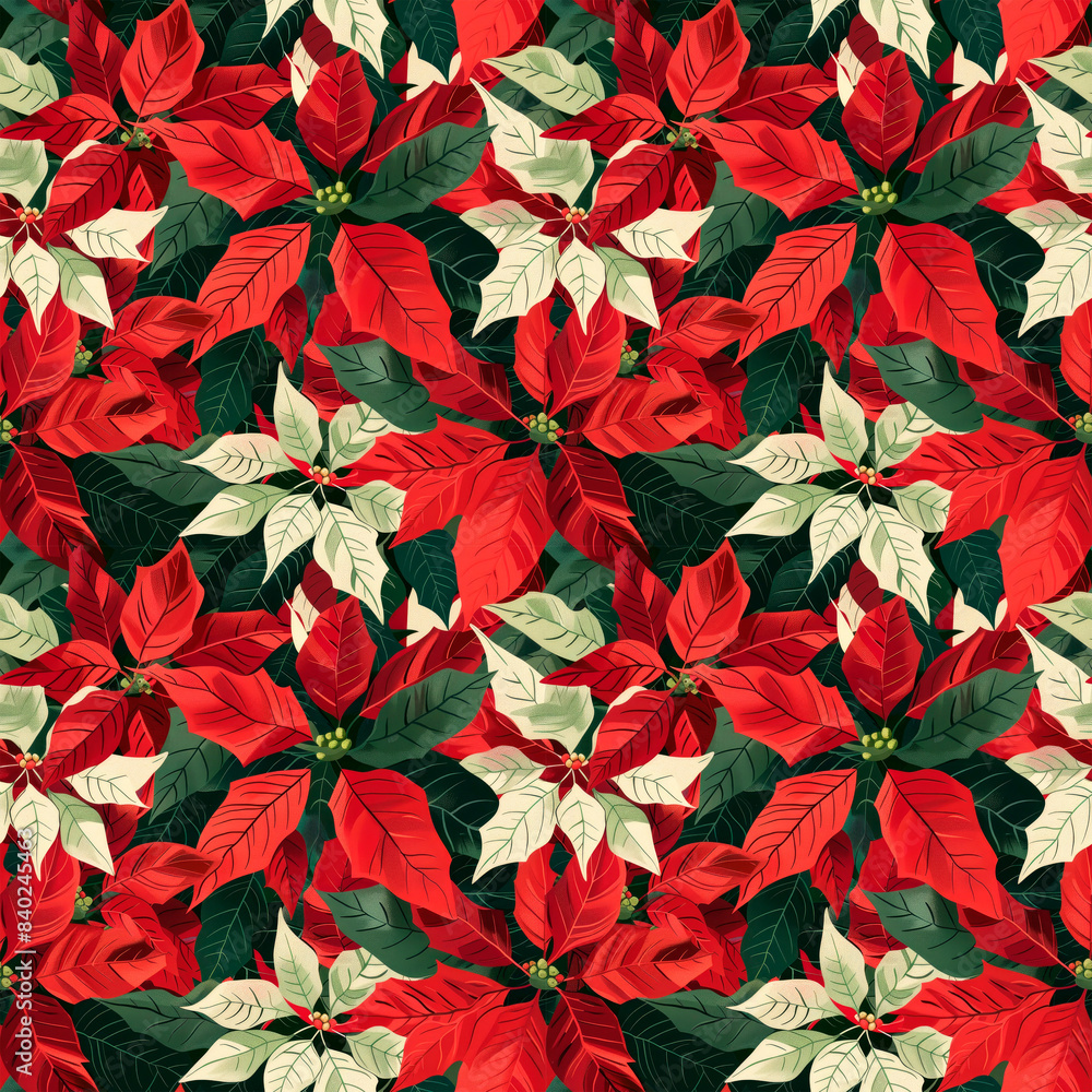 Festive poinsettia flowers with red and green leaves in a repeating pattern. Festive poinsettia flowers with red and green leaves in a repeating pattern.