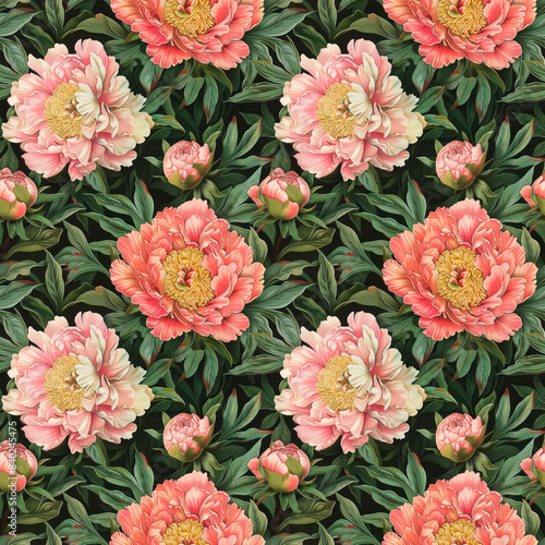 Lush pink peonies with green leaves on a dark background in a seamless pattern.