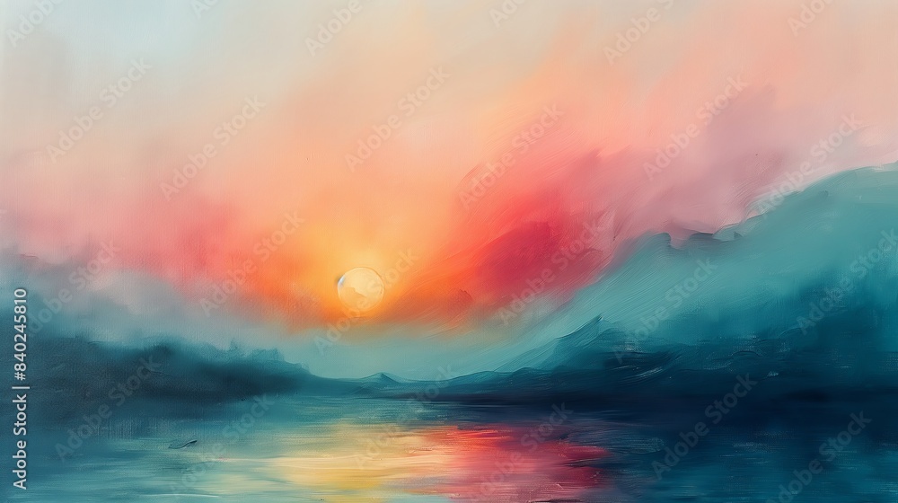 Abstract Sunset Over a Calm Lake with Vibrant Red, Orange, and Blue Tones Abstract Sunset Over a Calm Lake with Vibrant Red, Orange, and Blue Tones