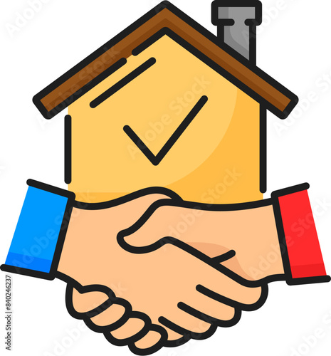 Apartment mortgage, house insurance, real estate rent line color icon. Real estate property sale line symbol, house rent market or loan company linear vector pictogram or sign with deal handshake