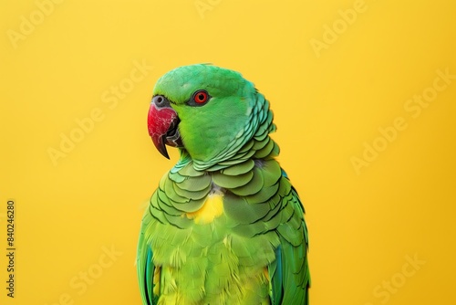 vibrant green parrot with a striking red beak in an alert pose on a bright yellow solid color background