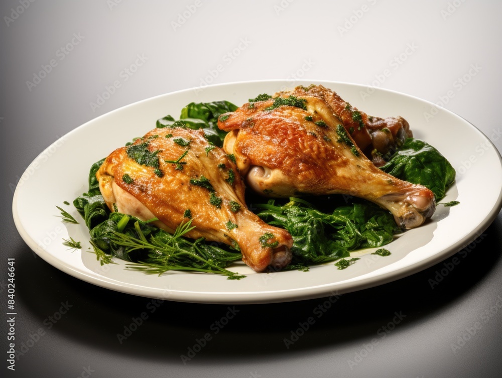 A simple meal of chicken and greens served on a white plate A simple meal of chicken and greens served on a white plate