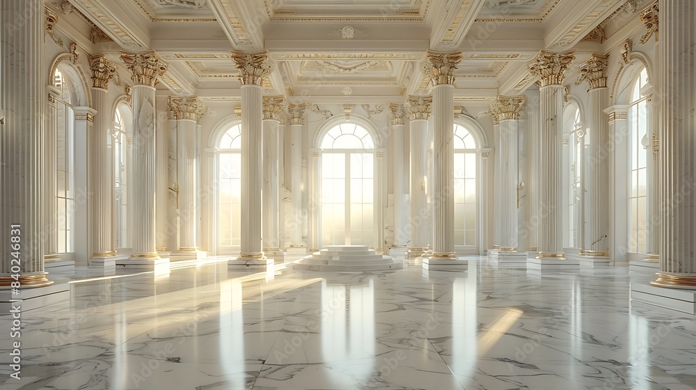 Fototapeta premium An elegant white marble podium in a classical museum-like environment, surrounded by ornate columns and soft, ambient lighting, centered with ample copy space.