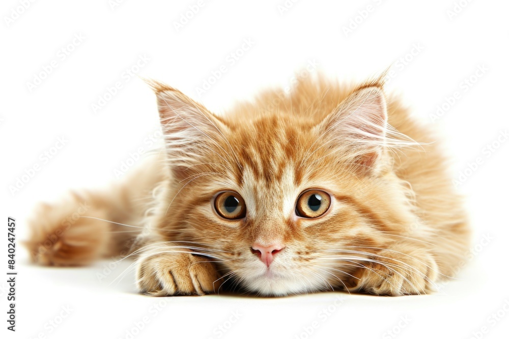 Obraz premium A relaxed orange cat lying down on a clean white surface