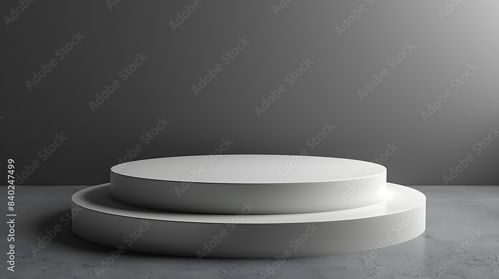 An elegant white podium on a simple grey background, modern and minimal design, positioned centrally with abundant copy space. An elegant white podium on a simple grey background, modern and minimal design, positioned centrally with abundant copy space.