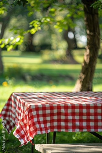 A outdoor picnic setting with a red and white checkered tablecloth, perfect for casual gatherings or romantic dates