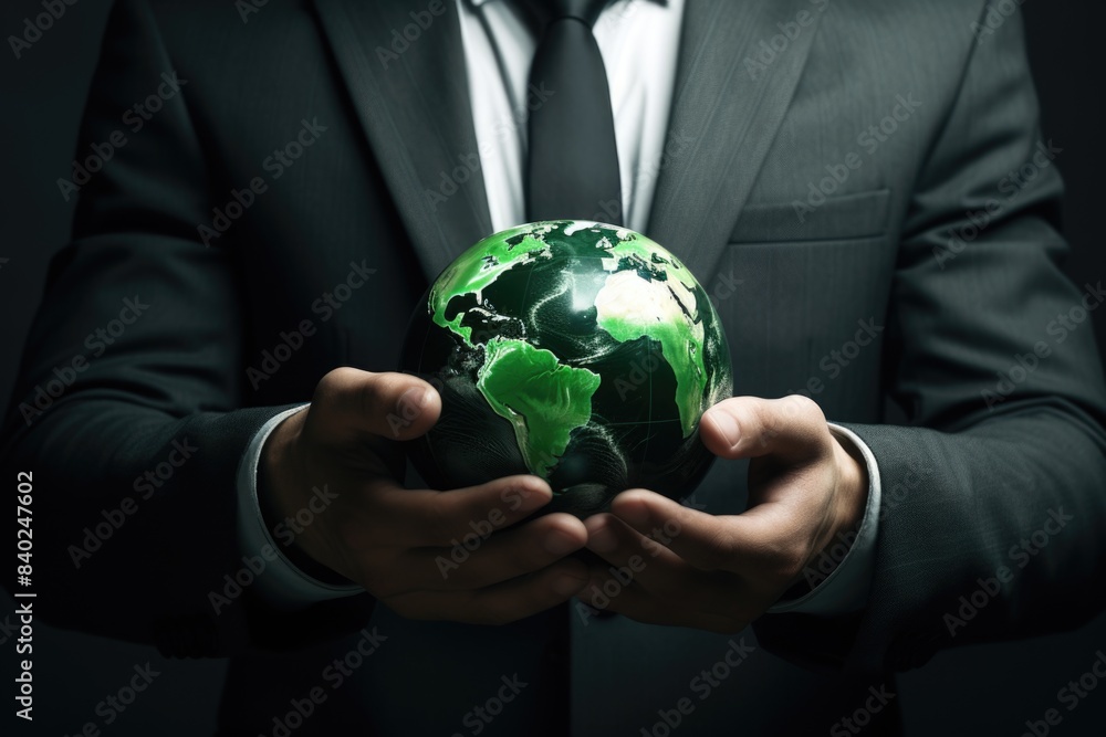 A person wearing a suit holds a green sphere, possibly symbolizing environmental responsibility or corporate sustainability A person wearing a suit holds a green sphere, possibly symbolizing environmental responsibility or corporate sustainability