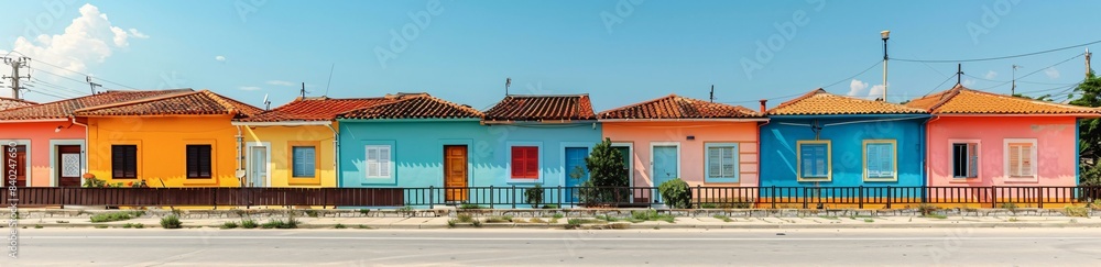 A row of colorful houses with different colored doors and shutters sit on the beach. 