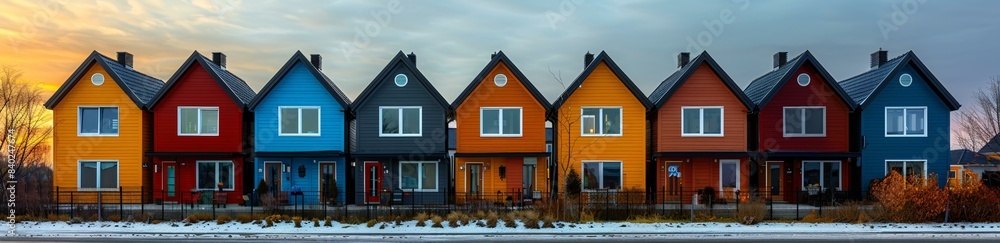 Three houses in a row with different colors, including orange, gray, and yellow. The houses are located on a street with a fence in front of them. Three houses in a row with different colors, including orange, gray, and yellow. The houses are located on a street with a fence in front of them.