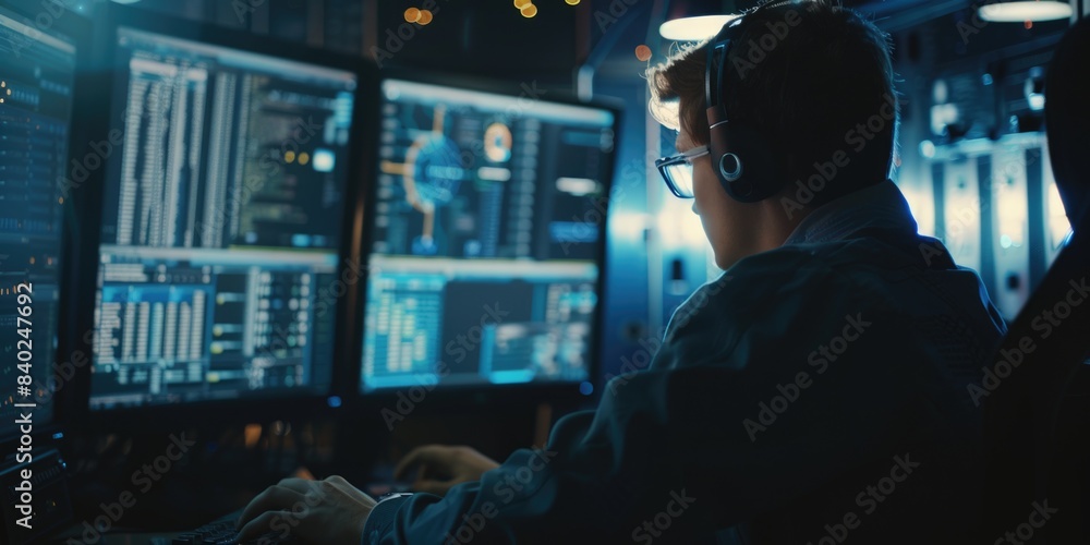 A person sitting in front of several computer screens with keyboards and monitors A person sitting in front of several computer screens with keyboards and monitors