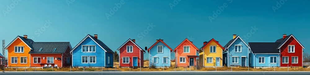 A row of colorful houses with blue, red, and orange exteriors, set against a clear blue sky. A row of colorful houses with blue, red, and orange exteriors, set against a clear blue sky.