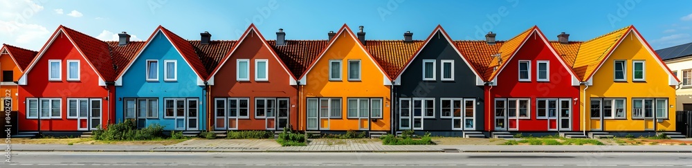 Three houses in different colors, with one being orange, one being red, and one being black. They are all located on a street with a sidewalk in front of them. Three houses in different colors, with one being orange, one being red, and one being black. They are all located on a street with a sidewalk in front of them.