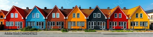 Three houses in different colors, with one being orange, one being red, and one being black. They are all located on a street with a sidewalk in front of them.