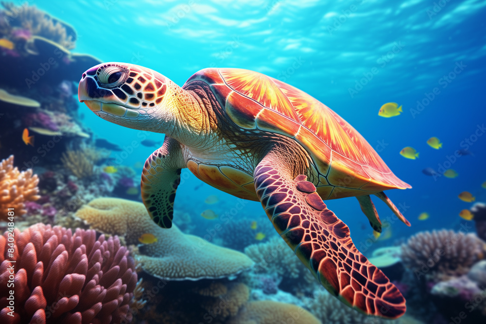 Fototapeta premium Sea turtle swims over a colorful coral reef