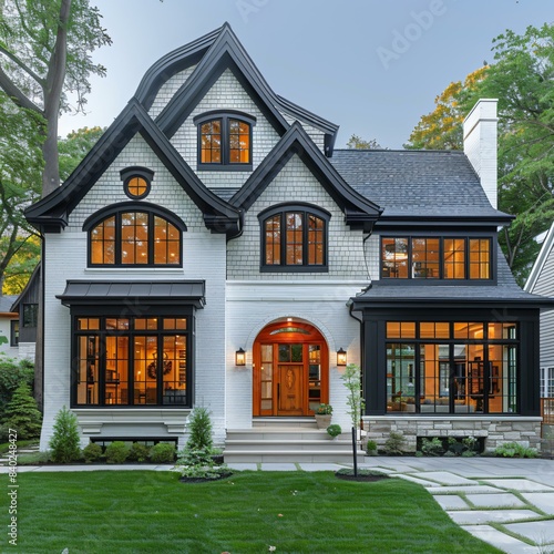 The house is a large white building with a black roof and a red door. It has a lot of windows and a porch. The house is situated on a grassy lawn with a tree in the background.