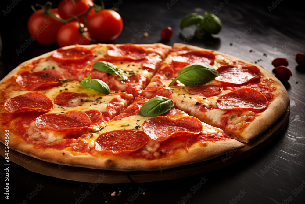 Sliced pepperoni pizza on a wooden table Sliced pepperoni pizza on a wooden table