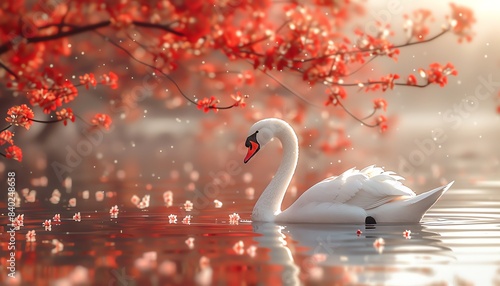 Fototapeta Naklejka Na Ścianę i Meble -  Elegant white swan swimming in a lake surrounded by blooming pink cherry blossoms.