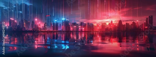 Nighttime Cityscape With Neon Lights Reflecting On Water