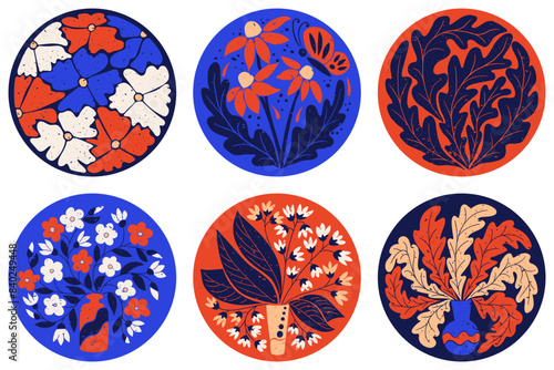 Set of Abstract Floral posters in round shape. Flat hand drawn botanical illustrations in printmaking technique with grunge texture and scratches. Vector printout for home decor